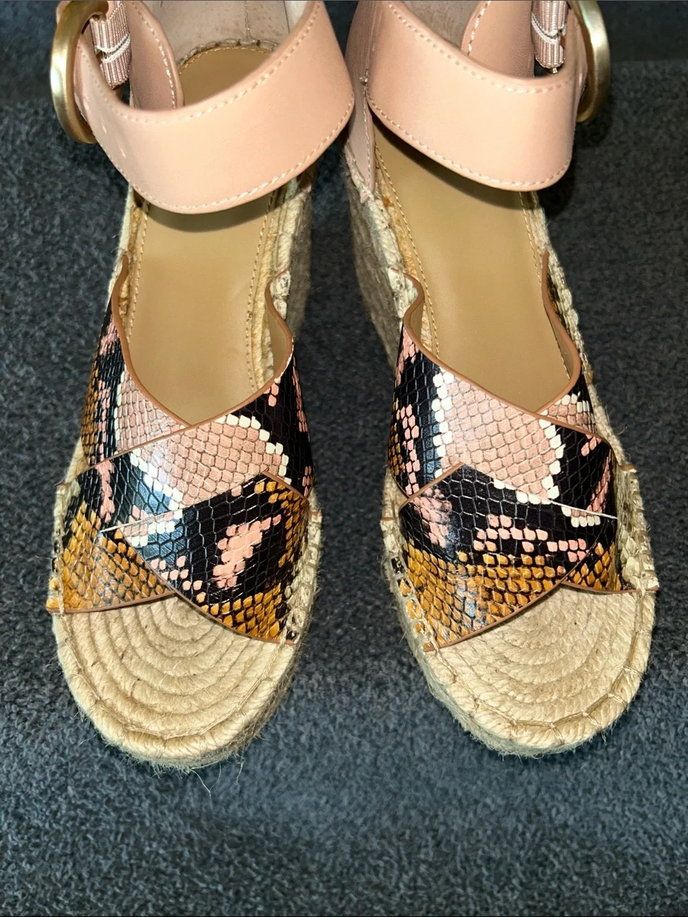 Marc Fisher Pink Ankle-Strap Espadrille Wedges with Snake-Print Straps